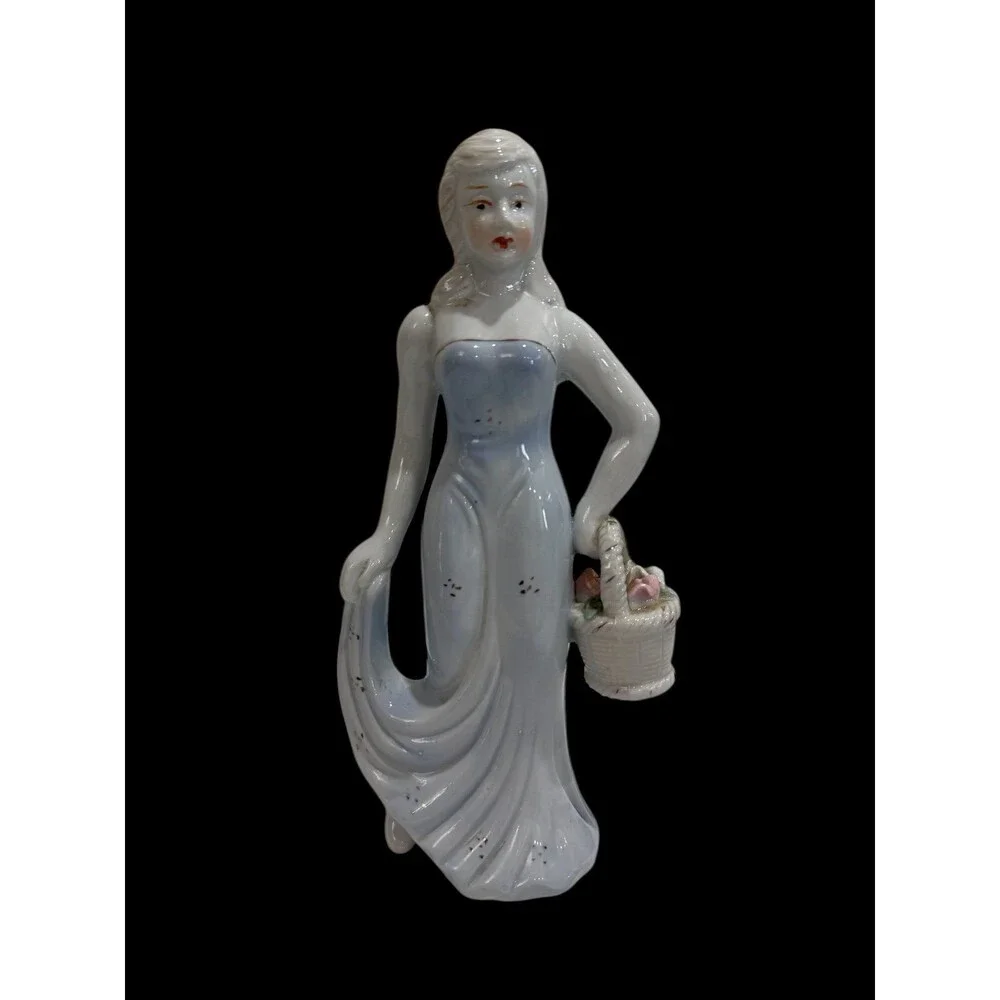 Figurine Figura de Porcelana Mujer con Canasta de Flores – Vintage
